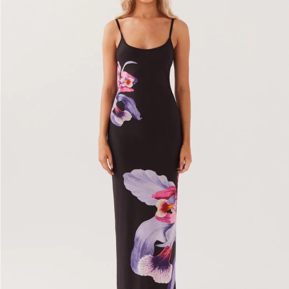 Peppermayo Black Maxi Dress with Purple Floral Orchid Design
